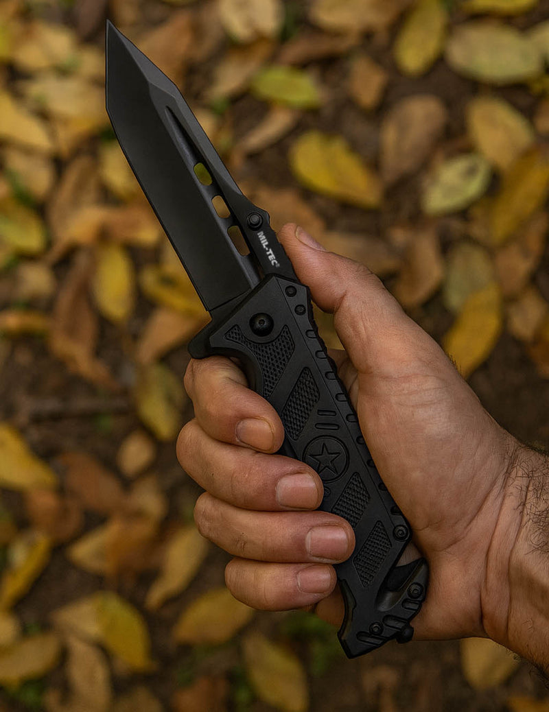 Folding knife with glass breaker and seat belt cutter - MIL-TEC